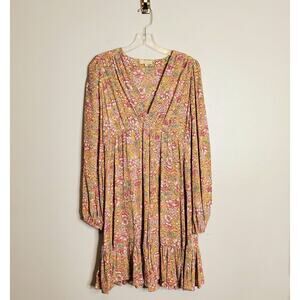 By TiMo Floral Balloon Sleeve V-Neck Dress Size S Mustard Cottage Ruffle Boho